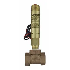 Brass-body paddle flow switch for 1/4 in pipe size with 1 1/4 in NPT connection and SPDT switching. Rated for AC 5 A @ 125/250V and DC 3 A (Inductive) @ 30V on CSA, ATEX, and IECEx models. Suitable for Class I, Div 1 and 2, Groups A, B, C, D hazardous locations. Used to detect liquid flow in industrial processes.