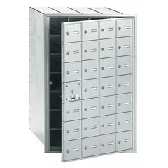 Horizontal multi-unit mailbox with 28 lockable front-access doors for secure mail distribution. Designed for recessed mounting, it measures 40 3/4 inches high, 29 1/4 inches wide, and 16 1/2 inches deep. Suitable for apartment buildings, condominiums, or commercial facilities requiring organized mail delivery to multiple tenants.