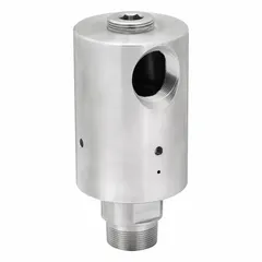 This DUFF-NORTON rotary union is a straight, plain stainless steel rotating joint with a single passage and a carbon graphite seal. It is rated for a maximum speed of 1000 rpm. Typical applications include transferring fluid or gas from a stationary supply line into rotating machinery such as drums or rolls in industrial processing.