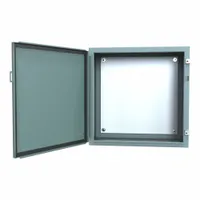Steel dust-tight enclosure with solid hinged cover and panel, measuring 24 x 24 x 12 inches. Rated NEMA 12/13 for protection against dust, dirt, and non-corrosive liquids. Features clamp closure method; knockouts not included. Suitable for housing electrical controls and instruments in industrial environments