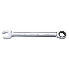 Alloy steel construction with a chrome finish. 12-point ratcheting box end and open end. Head size 1-7/16 in, overall length 19-5/8 in. For tightening or loosening fasteners in maintenance and repair tasks.