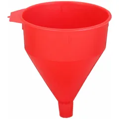 This spout funnel with screen is made of red polyethylene and has a 192 fl oz fluid capacity with an 8 1/4 in overall diameter. It includes a hanging tab for storage. The built-in screen filters debris during fluid transfer, making it suitable for filling tanks or containers with oil, coolant, or fuel in automotive, industrial, and agricultural settings.