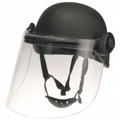 This pivot faceshield mount accommodates an 8-inch visor height. It is designed for use with riot face shields in public security and industrial safety applications. The mount allows for easy visor positioning.
