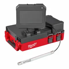 Fixed-camera reel for visual inspection of pipes up to 4 inches in diameter. Features a 75 ft cable, color LCD touchscreen display, and USB-A connectivity. Operates on M12 battery system (batteries not included). Suitable for drain inspection in plumbing and maintenance tasks.