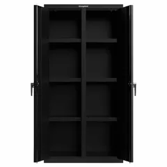 Welded steel cabinet with black finish, 6 adjustable shelves, and electronic lock. Mobile design for organized storage of tools, parts, and equipment in workshops, warehouses, and manufacturing facilities. Includes swing handle, keyed lock, and padlock hasp.