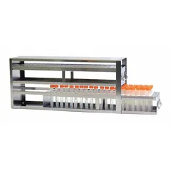 This stainless steel cold storage rack includes slide-out drawers for organized storage in freezers. With an overall width of 5 1/2 inches and length of 22 inches, it is suitable for use in laboratory or commercial cold storage environments.