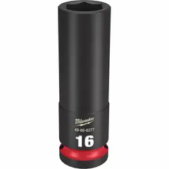 This 1/2" drive impact socket features a 16 mm metric, 6-point, deep configuration with friction retention. The black phosphate finish provides corrosion resistance. Suitable for fastening and loosening nuts and bolts in heavy-duty applications using impact wrenches.