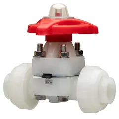 This 2-way PVDF diaphragm valve features IPS x Socket connections and a PTFE diaphragm. Rated for 150 psi CWP, it is suited for on-off or throttling control of corrosive fluids in industrial piping systems.