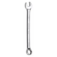 This combination wrench features a 12 mm 12-point box end and open end, with an offset design for improved access in confined spaces. Constructed of alloy steel with a chrome finish, it has an overall length of 6 3/4 inches. Suitable for tightening or loosening 12 mm fasteners in automotive, machinery, and industrial applications.