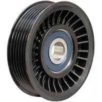 Polymer ribbed idler pulley for serpentine belt drive systems. Compatible with 6PK belt trade size. Light-duty performance rating. Used to maintain belt tension and alignment in accessory drive applications