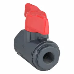 PVC ball valve with straight, one-piece tee design for on/off flow control. Rated for 150 psi CWP. Suitable for use in industrial piping systems handling water, chemicals, or air.