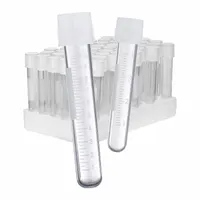 This 5 mL polypropylene culture tube features a round bottom and colorless body. It includes an attached 2-position screw cap with a colorless closure. Suitable for laboratory culturing, sample storage, and mixing applications