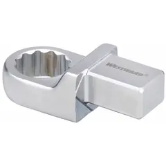 This 12-point box end torque wrench head is designed for use with compatible interchangeable torque wrench handles. It fits 18 mm fasteners and has an overall length of 2-1/2 inches. Commonly used in automotive, machinery, and equipment repair for applying precise torque to fasteners.