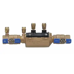Double check backflow preventer with 1 in pipe size, flange x flange connections, and ball valve shut-off. Constructed of bronze with an overall length of 12.25 in. Used to protect potable water supplies from non-health hazard cross-connections in commercial, industrial, and irrigation systems.