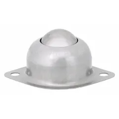 This flange mount ball transfer has a 1 in ball diameter, 75 lb ball load capacity, and 1 3/16 in projection. It is used in material handling systems to provide low-friction omnidirectional movement, allowing loads to move freely in any direction on conveyor lines, workstations, and packaging tables.