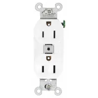 Duplex general-purpose receptacle rated 125V AC and 15 A with NEMA 5-15 configuration. White finish. Suitable for powering standard electrical equipment in commercial and industrial environments