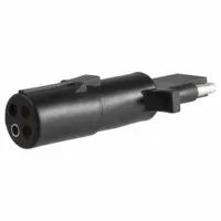 This adapter converts a 4-Way round vehicle connector to a 4-Way flat trailer plug. It is used in towing applications to connect trailers with flat wiring systems to round vehicle sockets. Made of plastic, it measures 3 1/2 inches overall length and 7/8 inches height