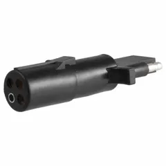 This adapter converts a 4-Way round vehicle connector to a 4-Way flat trailer plug. It is used in towing applications to connect trailers with flat wiring systems to round vehicle sockets. Made of plastic, it measures 3 1/2 inches overall length and 7/8 inches height.