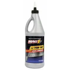 Synthetic heavy equipment drivetrain transmission fluid in a 1 qt bottle. SAE 75W-140 viscosity grade with a viscosity index of 186. Used in differentials, final drives, and gearboxes requiring extreme pressure protection and thermal stability.
