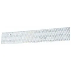 White reflective tape with acrylic adhesive, supplied in a 5-pack of 2-inch by 12-inch strips. Designed for marking buses and other vehicles to improve visibility and safety. Suitable for use on construction vehicles, emergency vehicles, and rail equipment.
