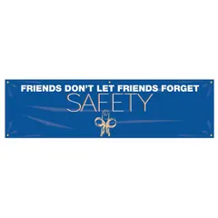 This safety banner is made of poly sheeting for indoor or outdoor use. It measures 28 inches by 96 inches and is printed on one side. Commonly used in industrial facilities to promote safety awareness.