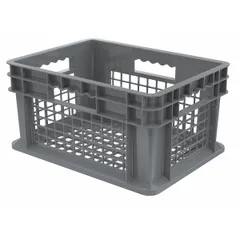 This plastic container features a fully vented milk-crate design for airflow and visibility. It is stacking capable and measures 15 3/4 in x 11 3/4 in x 8 1/4 in. Suitable for organizing and transporting parts, components, or supplies in warehouses, assembly lines, and material handling applications.