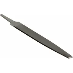 Single-edge, smooth-cut warding file with natural finish. Measures 8 inches without tang and 13/16 inches wide, tapering towards the point. Designed for precision filing in confined spaces such as keyways, slots, and narrow grooves.