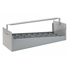 Steel caddy with 27 compartments designed to organize and store 2-inch pipe nipples. Dimensions: 6 9/16 in height, 23 7/8 in width, 8 9/16 in length. Suitable for workshop or industrial environments to keep nipples sorted by length or thread type.