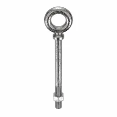This machinery eye bolt with shoulder is made from 316 stainless steel with a plain finish. It features a 12-inch shank length and a 4-inch thread length, and includes a nut. The shoulder design provides a stable bearing surface for lifting and rigging applications.