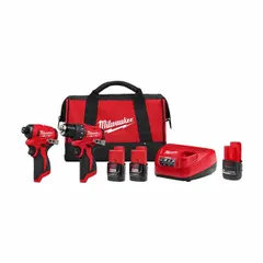 This combination kit includes a 12V DC drill/driver and impact driver, with battery included. Suitable for light-duty drilling, driving, and fastening tasks in construction, maintenance, and assembly. Manufacturer part numbers: 3494-22, 48-11-2425.