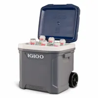 This standard chest cooler from IGLOO has a 62 qt capacity, holding up to 98 cans. It features 5 day ice retention to keep contents cold during extended use. The included drain plug simplifies cleaning, and the wheels provide easy transport. Suitable for outdoor activities, job sites, and events