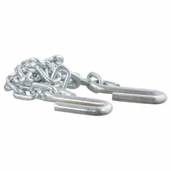 Standard-duty safety chain made of zinc-plated steel with a 48-inch overall length. Features an open hook attachment for securing trailers and towed loads in light to medium towing applications. Silver cable color.