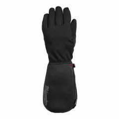 Electronically heated gloves liners in black, size M. Heating times: 2 hours on High, 4 hours on Medium, 8 hours on Low. Includes USB batteries, USB chargers, and two USB-C charging cords. Not insulated for cold conditions. Worn under standard work gloves for supplemental warmth in cold environments.