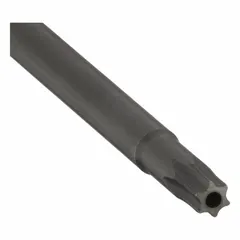 Alloy steel security Torx screwdriver with T20H tamperproof tip for driving fasteners with a center pin. 6-inch shank length, 10-inch overall length. Non-slip grip provides control. Suitable for applications requiring tamper-resistant fasteners.