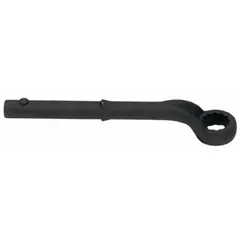 This SAE 12-point box end leverage wrench features a black oxide finish and an offset head design. The head size is 1 21/32 in. It is used for tightening or loosening fasteners in confined spaces where a standard wrench cannot fit, providing extra leverage and access.