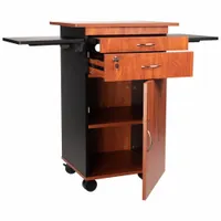 Mobile media cart with two shelves and a cabinet for organized storage and transport of audio-visual equipment. Overall height 38 in, width 25 in. Suitable for use in classrooms, conference rooms, and event spaces