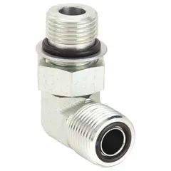 Rigid 90° elbow adapter for connecting ORS (O-Ring Seal) and ORB (O-Ring Boss) ports in hydraulic systems. Steel construction with male x male threads. Used in industrial fluid power applications requiring leak-resistant connections.