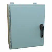 Steel enclosure with solid hinged cover and handle closure. Rated NEMA 12/13/3R/4 for indoor or outdoor use protecting electrical controls from dust, dirt, dripping water, rain, and sleet. No knockouts included. Dimensions: 24 x 20 x 8 inches