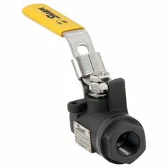 Manual two-way ball valve with carbon steel body, straight pattern, and full port design. Features 3/8 in FNPT x FNPT connections and a locking lever handle for secure on/off service. Suitable for industrial flow control applications requiring minimal pressure drop.