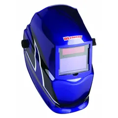 This auto-darkening welding helmet features a black/blue/white graphic finish and an analog ADF control. It has a viewing area of 3.82 in x 1.85 in, a welding shade range of W9-13, and includes 2 arc sensors. The nylon helmet with ratchet suspension supports grind mode for grinding without removal. Suitable for MIG, TIG, and stick welding.