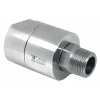 This MOSMATIC rotary union is a straight, single-passage rotating joint made of nickel-plated C38500 brass. It is designed for air service with a 3/4 in stationary port and a maximum speed of 30 RPM. Typical applications include transferring air from a stationary supply line into rotating machinery such as rotating drums, reels, and indexing tables