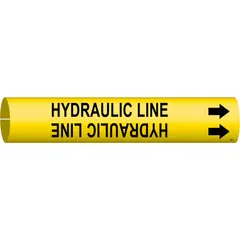 Snap-on pipe marker for identifying hydraulic lines. Yellow background with black legend and directional arrows. Fits pipe outer diameters of 4 to 6 inches. Supplied as a single marker.