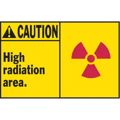 Polyester adhesive sign for cautioning high radiation areas. Each sign measures 3 1/2 in x 5 in with 0.01 in thickness. Non-retroreflective, non-glow-in-the-dark. Suitable for permanent mounting on clean surfaces in environments requiring radiation hazard warnings.