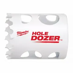 This bi-metal hole saw cuts through wood, metal, and plastic. With a 1-1/2 in diameter and 3.5 teeth per inch, it achieves a maximum cutting depth of 1-5/8 in. Suitable for creating clean holes in various substrates during electrical, plumbing, and HVAC installations.