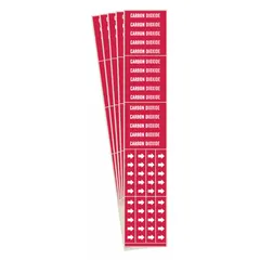 Red adhesive pipe markers with white legend reading 'Carbon Dioxide' and directional arrows. Each marker fits pipe outside diameters of 3/4 in and smaller. Pack of 5 markers for identifying CO₂ lines in industrial piping systems.