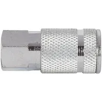 This steel quick-connect air coupling body features a 1/4" female FNPT thread and sleeve locking type. Designed for pneumatic systems, it enables tool-free connection and disconnection of hoses and tools. Supplied as a 2-pack