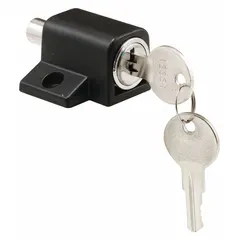 Sliding door lock for securing interior or exterior sliding doors. Measures 1 in length, 1 3/4 in width, and 5/8 in height. Suitable for use in residential, commercial, or industrial applications where a compact locking solution is needed.