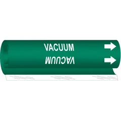 Green wrap-around pipe marker with white legend reading 'Vacuum' and directional arrows. Fits pipe outer diameters from 1-1/2 to 2-3/8 inches. Used to identify vacuum lines in industrial piping systems for clear content recognition.