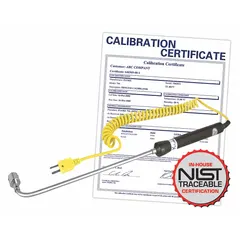 Type K surface probe thermocouple with straight handle and 7.9-inch probe length. Measures temperatures from -50°C to 500°C (-58°F to 932°F) with accuracy of ±3.96°F from -58°F to 560°F. NIST-certified for traceable calibration. Suitable for direct temperature measurement of liquids and gases in industrial process monitoring, HVAC diagnostics, and quality control applications.