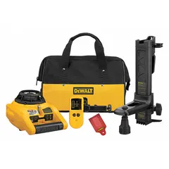 This rotary laser level kit projects a red beam for horizontal and vertical leveling. It features electronic self-leveling and an accuracy of ±1/4 in @ 100 ft. The kit includes a receiver for extended range and operates on alkaline batteries. Suitable for layout tasks in construction and framing.